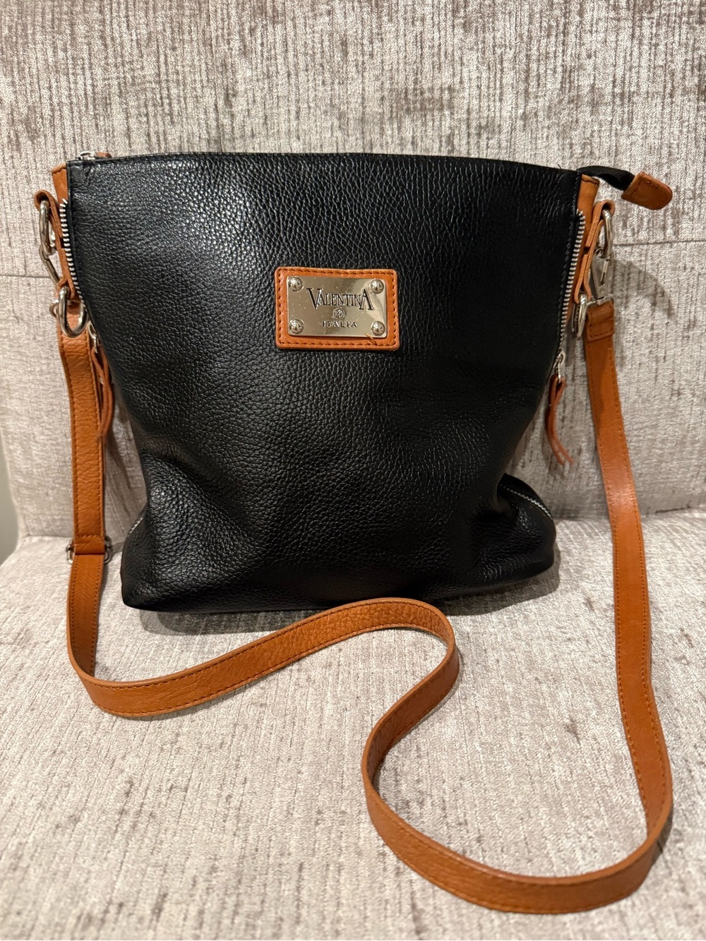 Valentina Italia Black Pebbled Leather Crossbody Tote Italian Leather Bag
